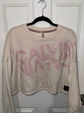 Calvin Klein Cream Cropped Sweatshirt with Pink Logo Print